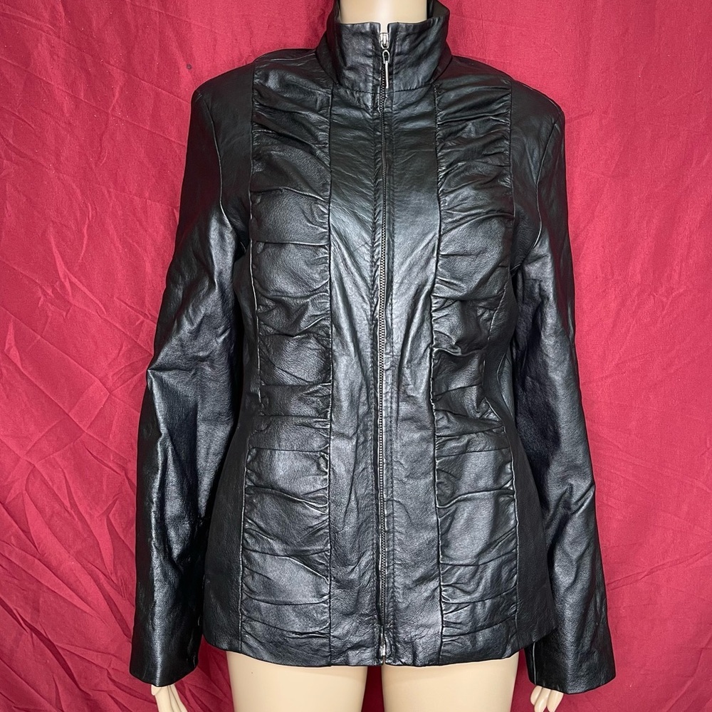 New Lauren Ariel Black Puckered Leather Racer Jacket Medium